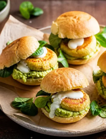 Mini burger di ceci e salmone con avocado, valeriana e salsa allo yogurt