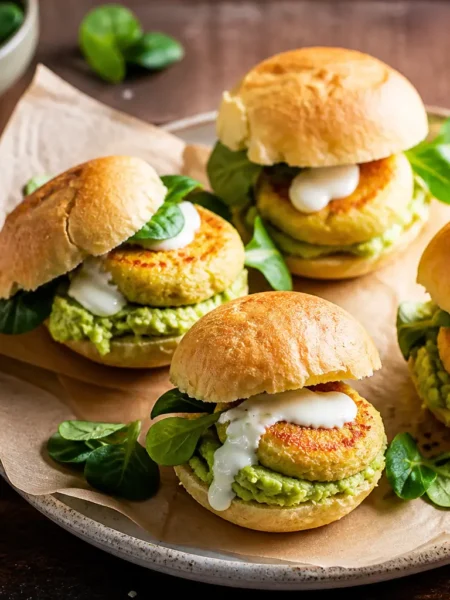 Mini burger di ceci e salmone con avocado, valeriana e salsa allo yogurt