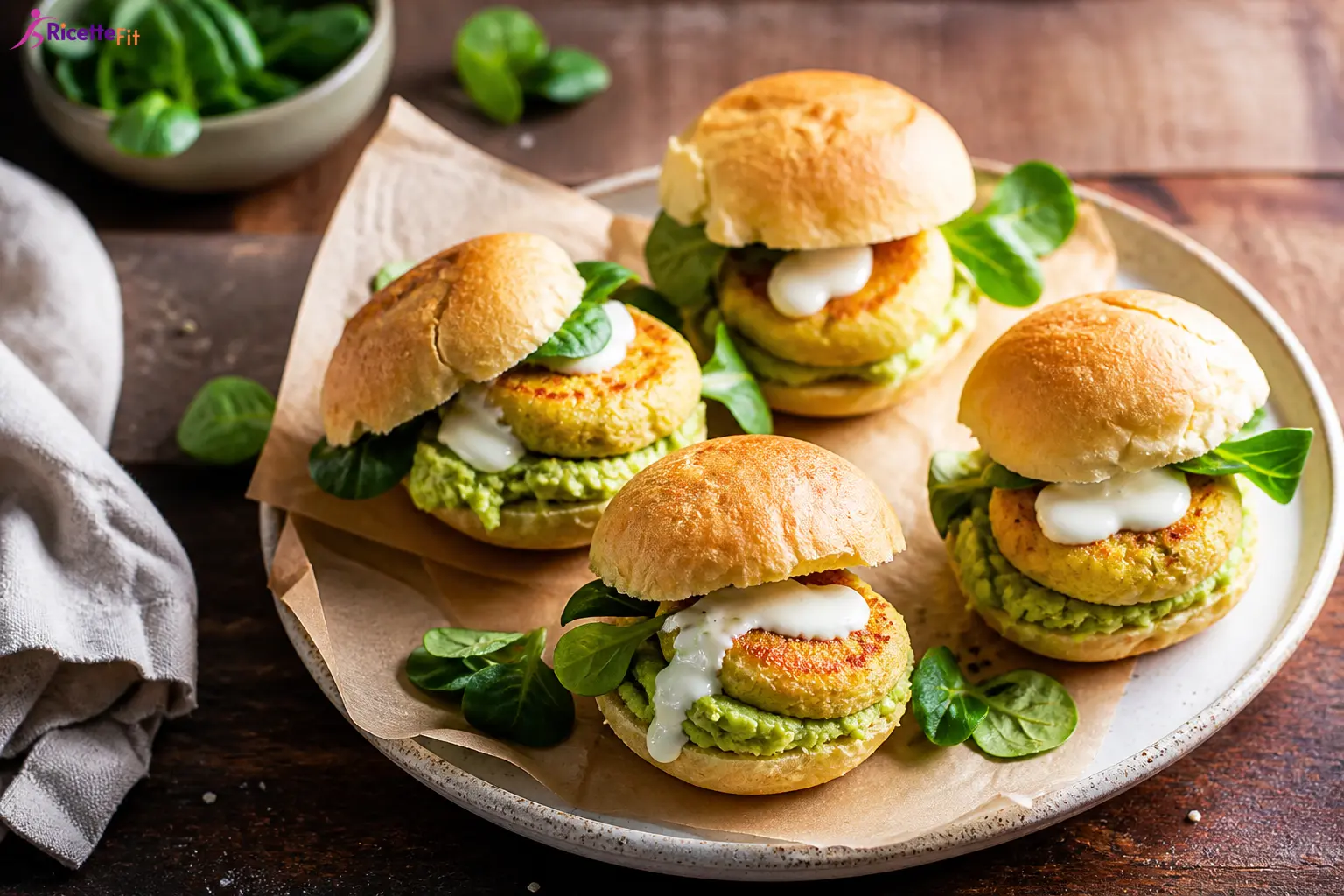 Mini burger di ceci e salmone con avocado, valeriana e salsa allo yogurt