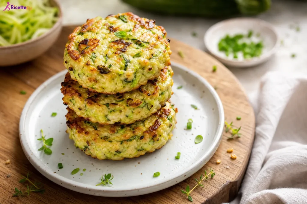 Burger di pollo e zucchine dorati con erbe fresche