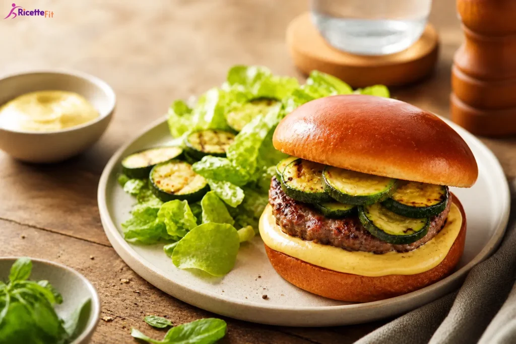 Burger di tacchino con zucchine grigliate, salsa allo yogurt e lattuga