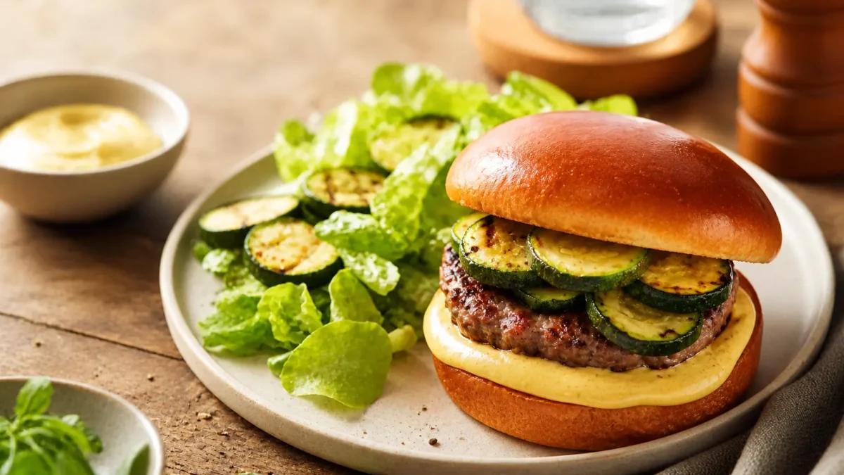 Burger di tacchino con zucchine grigliate, salsa allo yogurt e lattuga