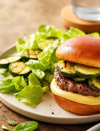 Burger di tacchino con zucchine grigliate, salsa allo yogurt e lattuga