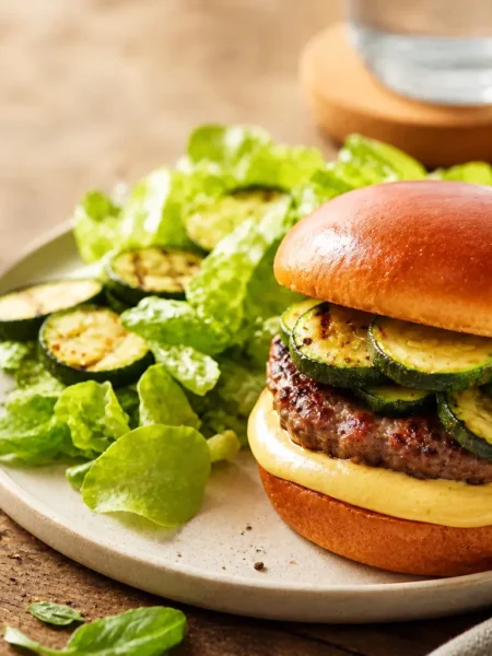 Burger di tacchino con zucchine grigliate, salsa allo yogurt e lattuga