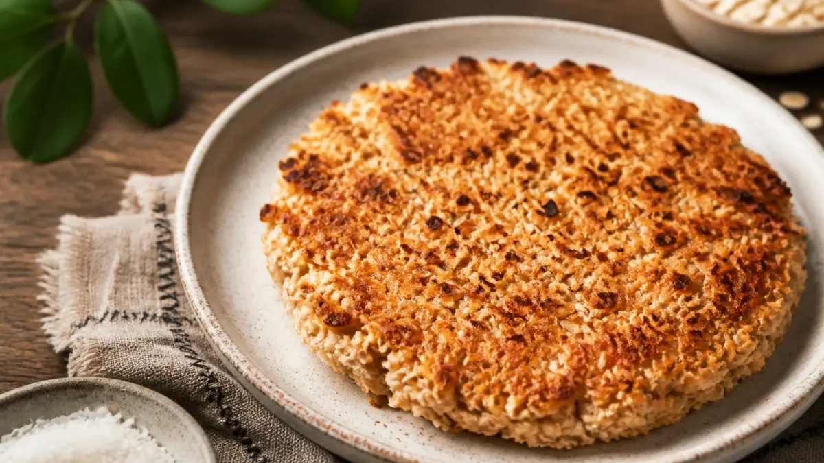 Burger di tonno e fiocchi d’avena dorato su piatto chiaro