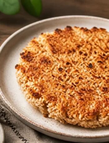 Burger di tonno e fiocchi d’avena dorato su piatto chiaro