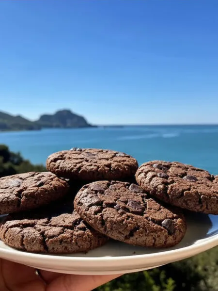 Nocciolotto fit al cioccolato su piatto bianco con vista mare a Cefalù