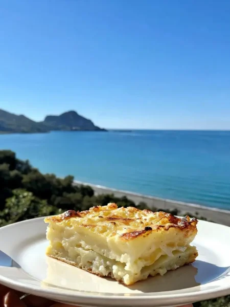 Porzione di cake fit al cavolfiore su piatto bianco con vista mare a Cefalù