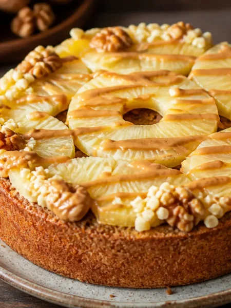 Cake proteico all’ananas con yogurt greco, noci, mandorle e crema al burro di arachidi
