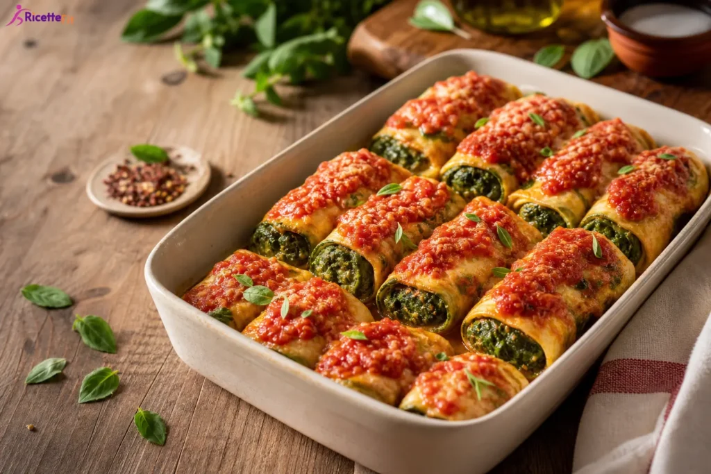 Cannelloni di zucchine con ricotta e spinaci al pomodoro in pirofila