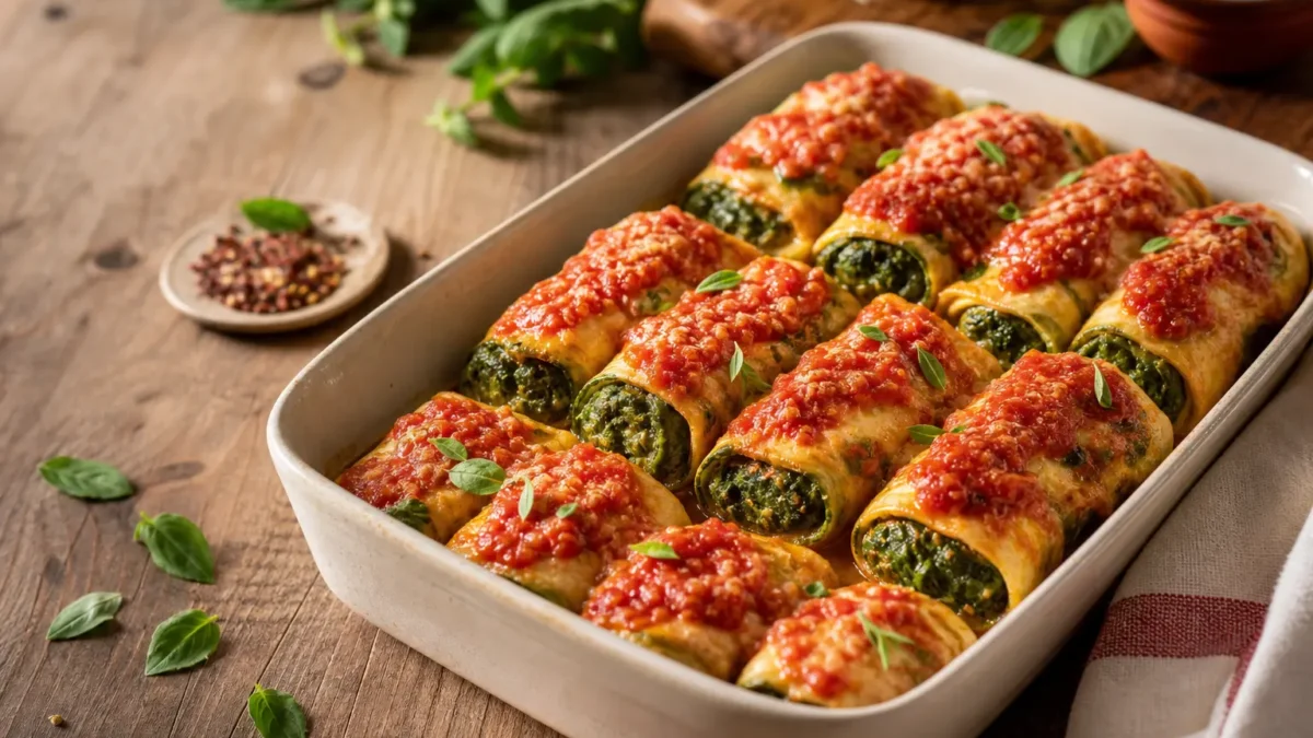 Cannelloni di zucchine con ricotta e spinaci al pomodoro in pirofila