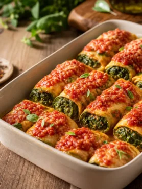 Cannelloni di zucchine con ricotta e spinaci al pomodoro in pirofila