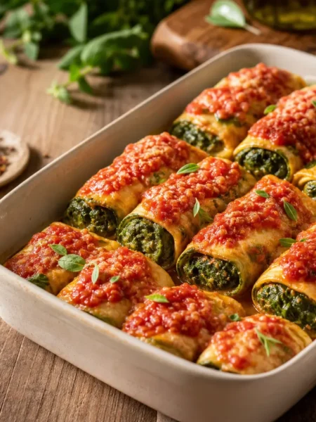 Cannelloni di zucchine con ricotta e spinaci al pomodoro in pirofila