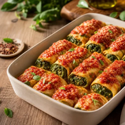 Cannelloni di zucchine con ricotta e spinaci al pomodoro