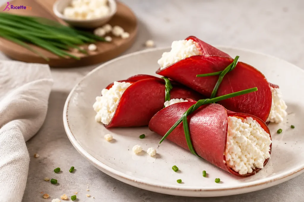 Cannoli di bresaola fit ripieni di fiocchi di latte ed erba cipollina