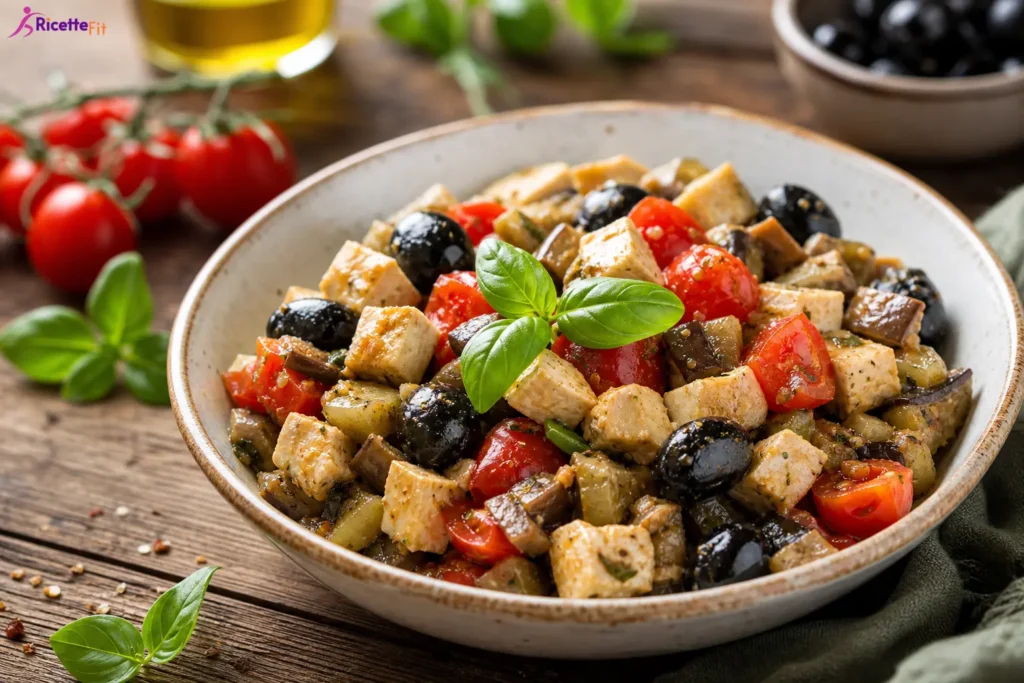 Caponata di pesce spada fit con melanzane, pomodorini e olive nere