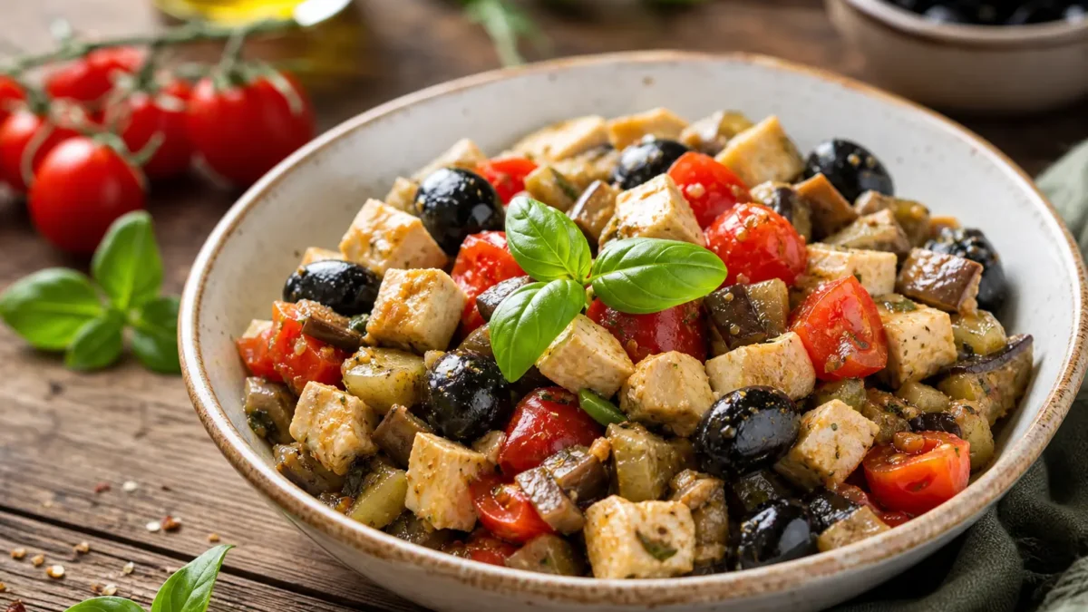 Caponata di pesce spada fit con melanzane, pomodorini e olive nere