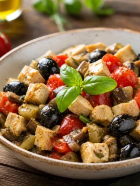 Caponata di pesce spada fit con melanzane, pomodorini e olive nere