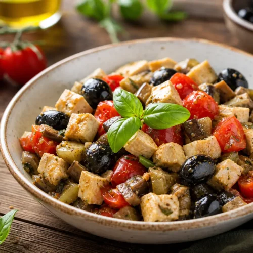 Caponata di pesce spada con melanzane, pomodorini e olive nere