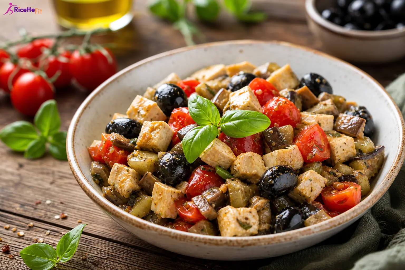 Caponata di pesce spada fit con melanzane, pomodorini e olive nere
