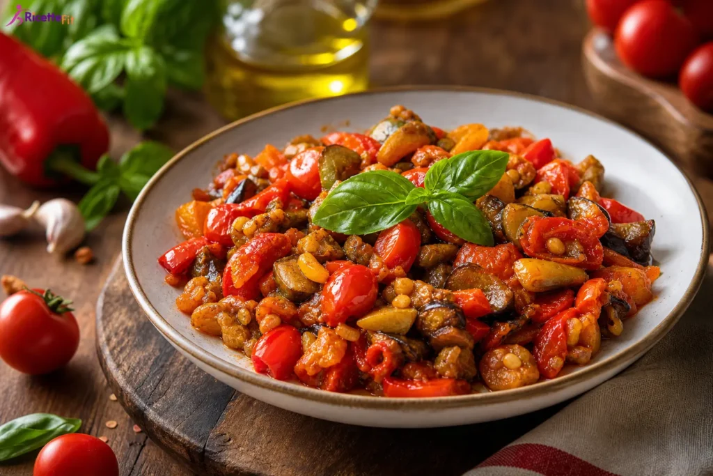 Caponata siciliana light con melanzane, peperoni, pomodorini e basilico