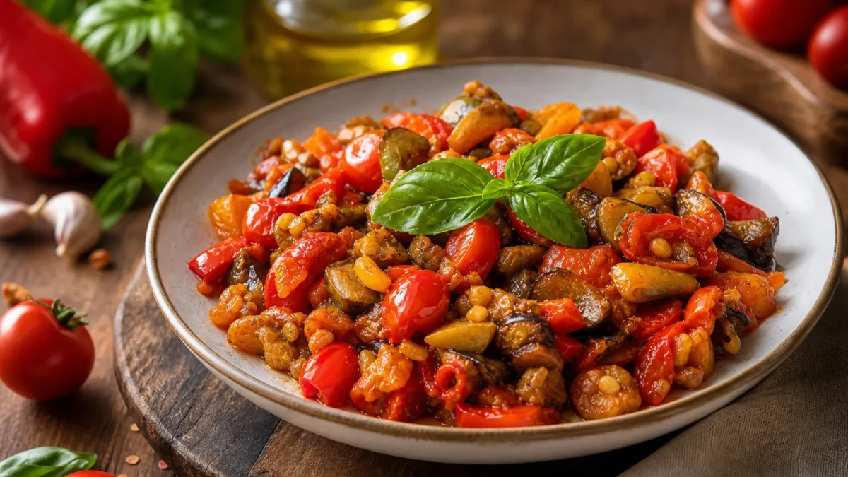 Caponata siciliana light con melanzane, peperoni, pomodorini e basilico