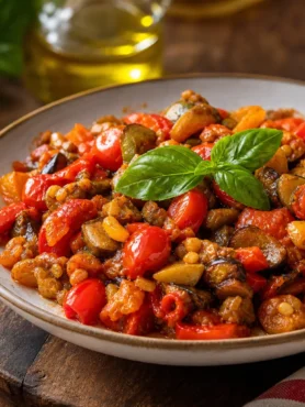 Caponata siciliana light con melanzane, peperoni, pomodorini e basilico