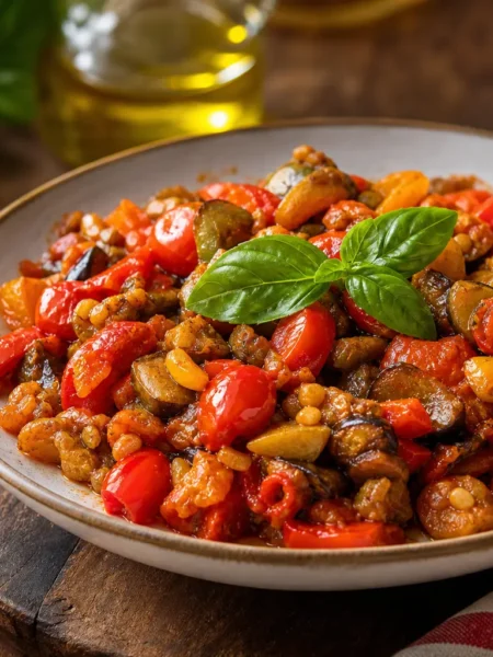 Caponata siciliana light con melanzane, peperoni, pomodorini e basilico