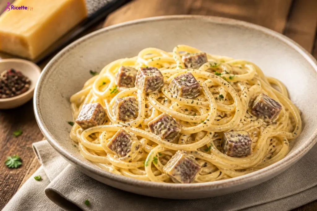 Carbonara vegana con seitan servita in ciotola con spaghetti cremosi