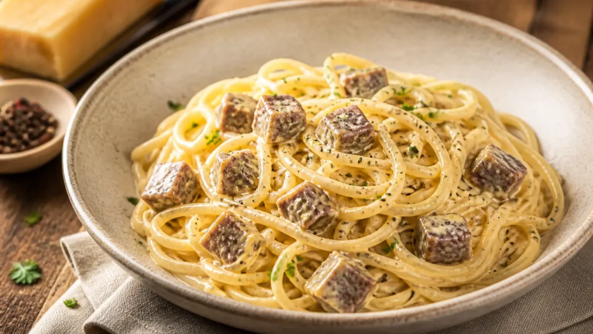 Carbonara vegana con seitan servita in ciotola con spaghetti cremosi