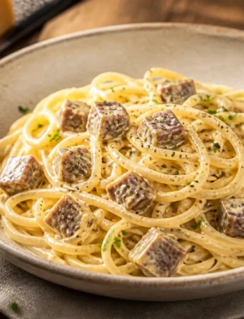 Carbonara vegana con seitan servita in ciotola con spaghetti cremosi