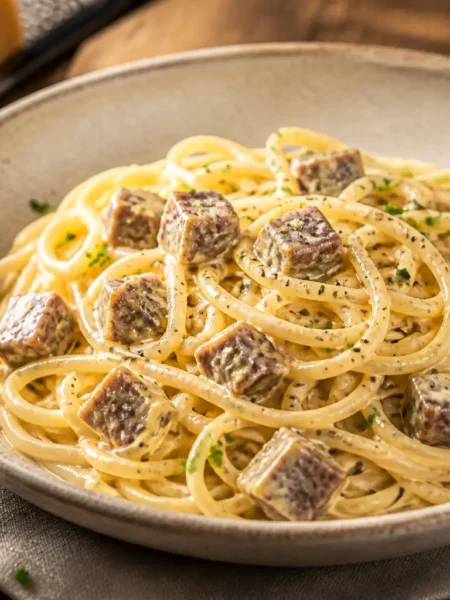 Carbonara vegana con seitan servita in ciotola con spaghetti cremosi