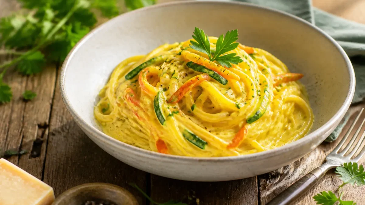 Carbonara vegetariana fit con spaghetti integrali, zucchine e carote