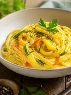 Carbonara vegetariana fit con spaghetti integrali, zucchine e carote