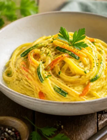 Carbonara vegetariana fit con spaghetti integrali, zucchine e carote