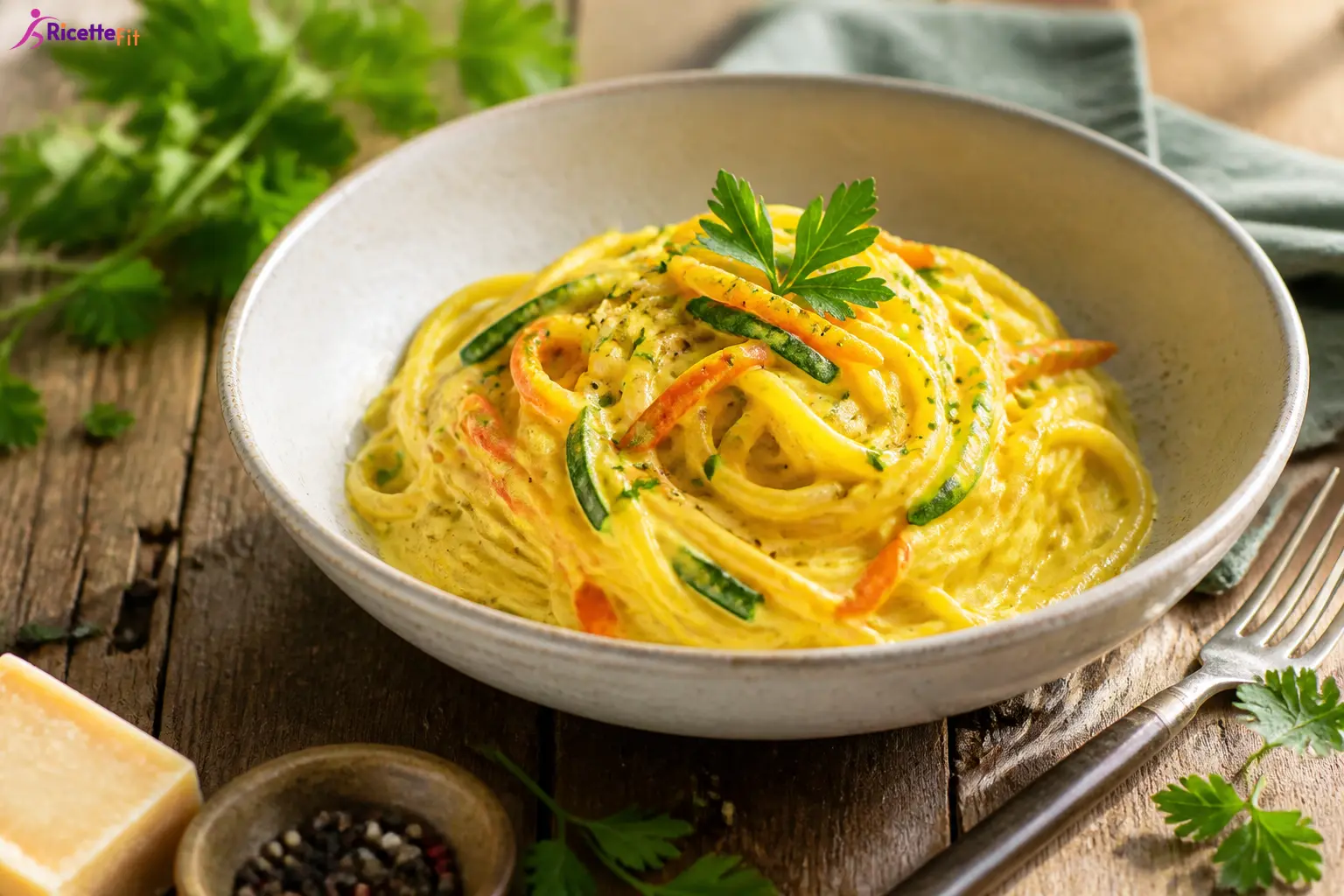 Carbonara vegetariana fit con spaghetti integrali, zucchine e carote
