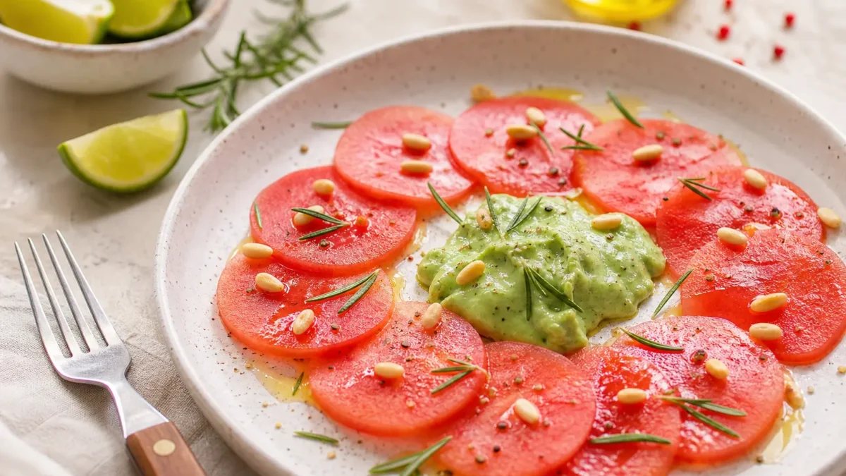 Carpaccio di anguria con crema di avocado, pinoli e rosmarino