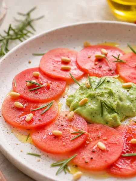 Carpaccio di anguria con crema di avocado, pinoli e rosmarino