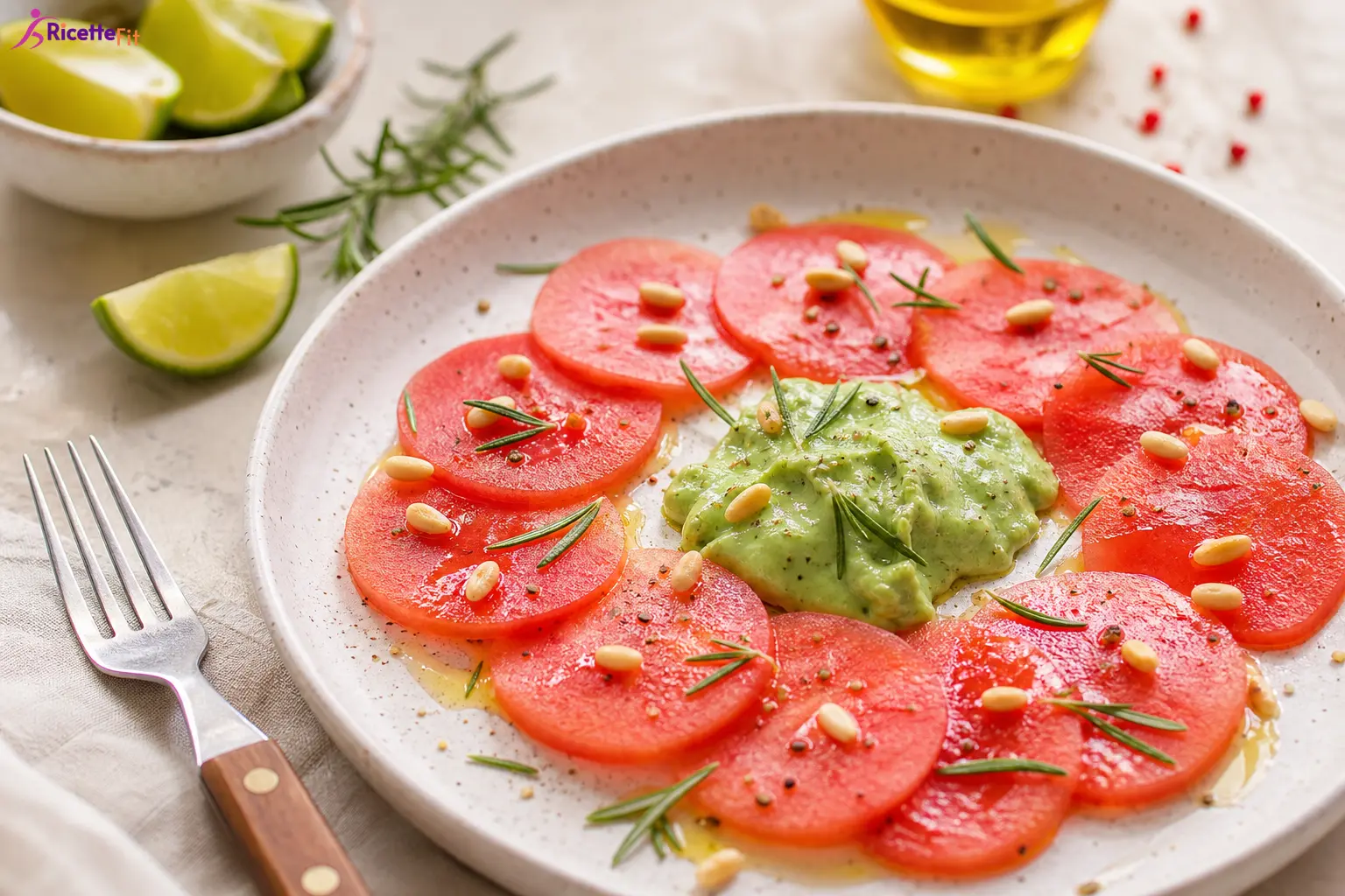 Carpaccio di anguria con crema di avocado, pinoli e rosmarino