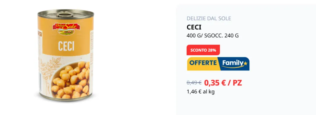 Lattina di ceci Delizie dal Sole da 400 g in offerta Eurospin a 0,35 euro con sconto del 28%.