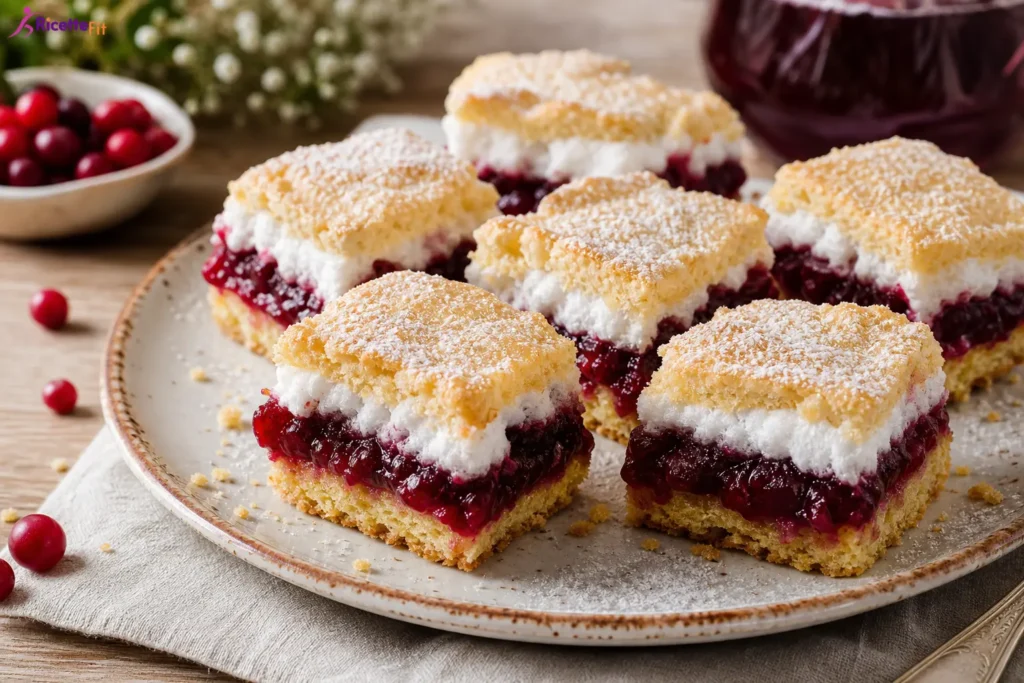 Quadrotti di torta slava con frolla, confettura rossa e meringa