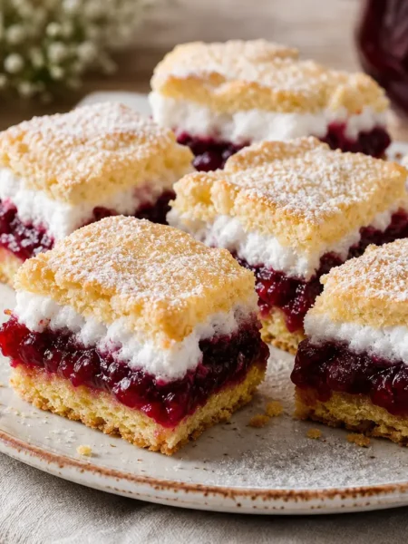 Quadrotti di torta slava con frolla, confettura rossa e meringa