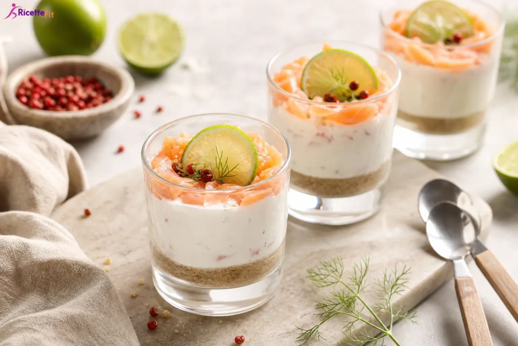 Cheesecake salata fit al salmone in bicchierini con lime e pepe rosa