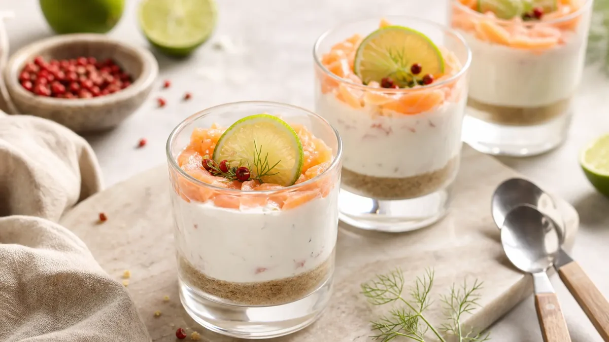 Cheesecake salata fit al salmone in bicchierini con lime e pepe rosa