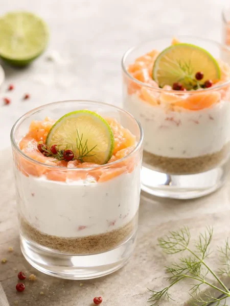 Cheesecake salata fit al salmone in bicchierini con lime e pepe rosa