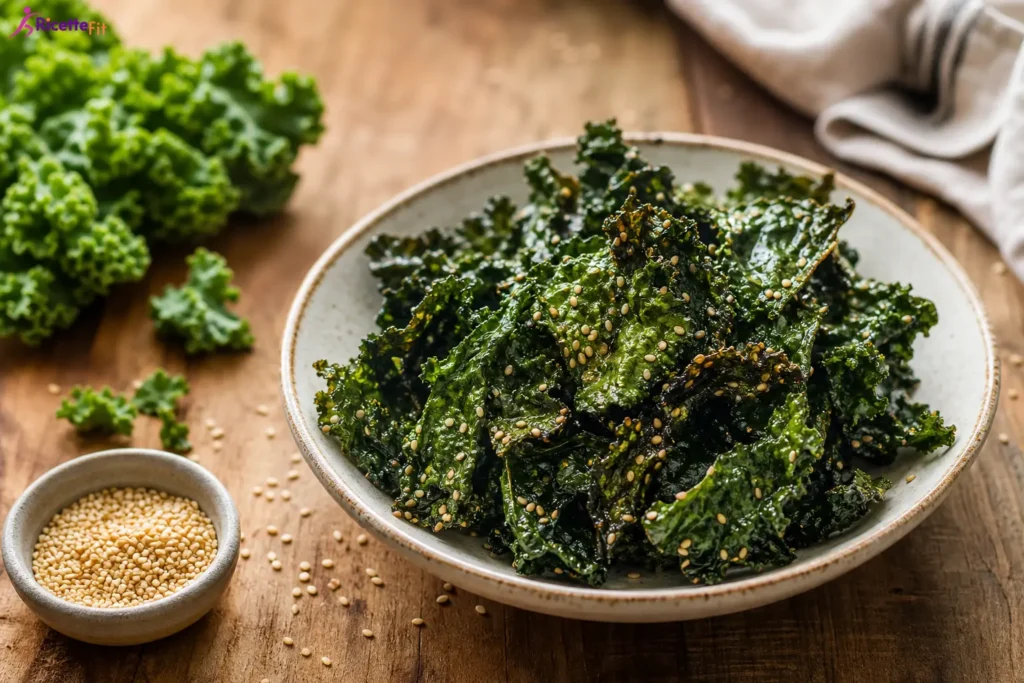 Chips di cavolo nero al forno con semi di sesamo in ciotola