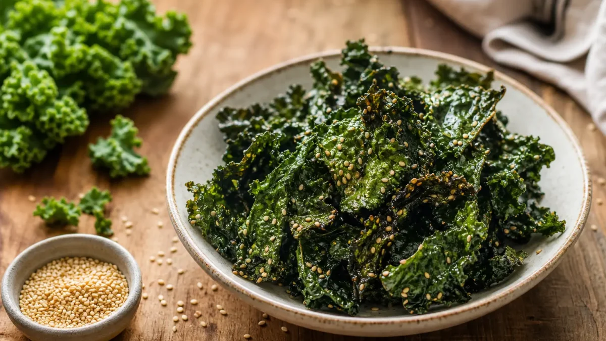 Chips di cavolo nero al forno con semi di sesamo in ciotola