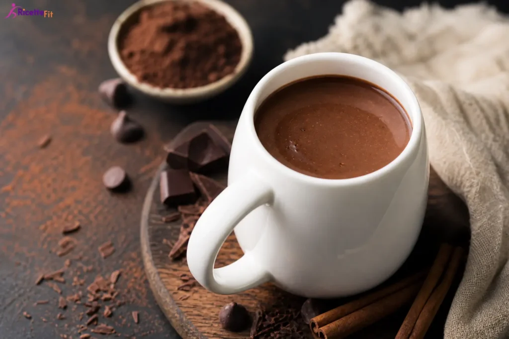 Cioccolata calda light in tazza bianca con cacao e cannella
