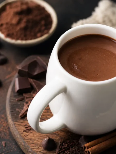 Cioccolata calda light in tazza bianca con cacao e cannella