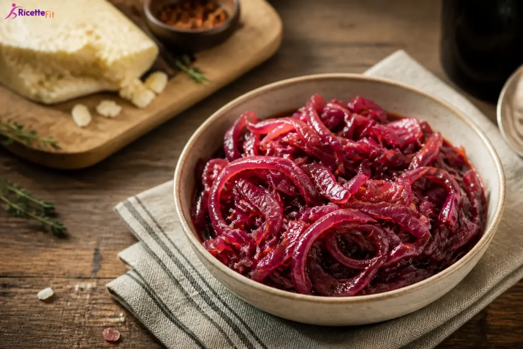 Cipolle rosse caramellate light in ciotola con aceto balsamico